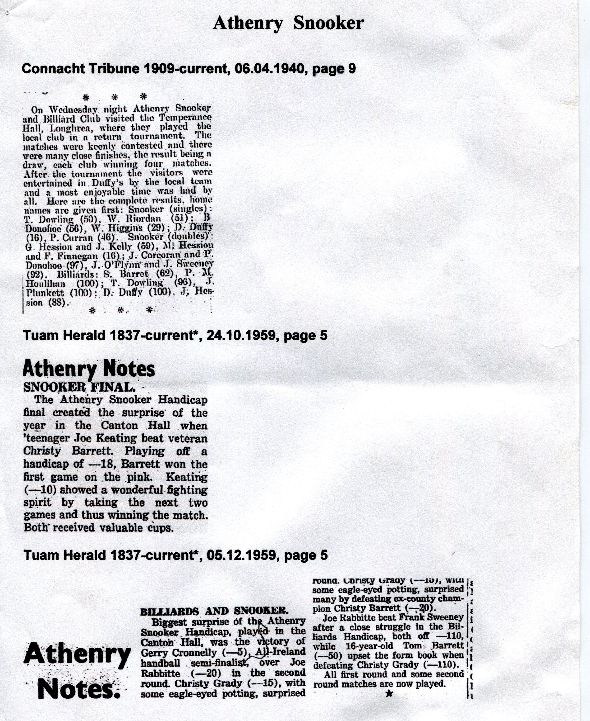 Athenry Snooker 1940 – 2014